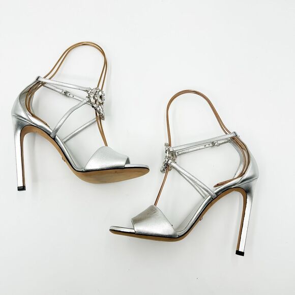 Gucci GG Crystal Metallic Silver Leather Sandals Heels EU 37 US 7 - Picture 6 of 14